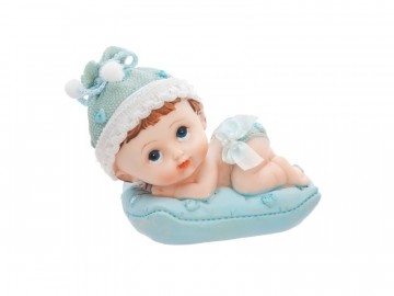Babyfigur på pute 9 cm blå